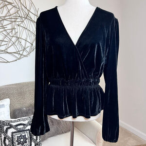 Womens Top 1X Black Velvet Vneck Wrap Whimsigoth Vamp Dark Romantic Peplum Tunic